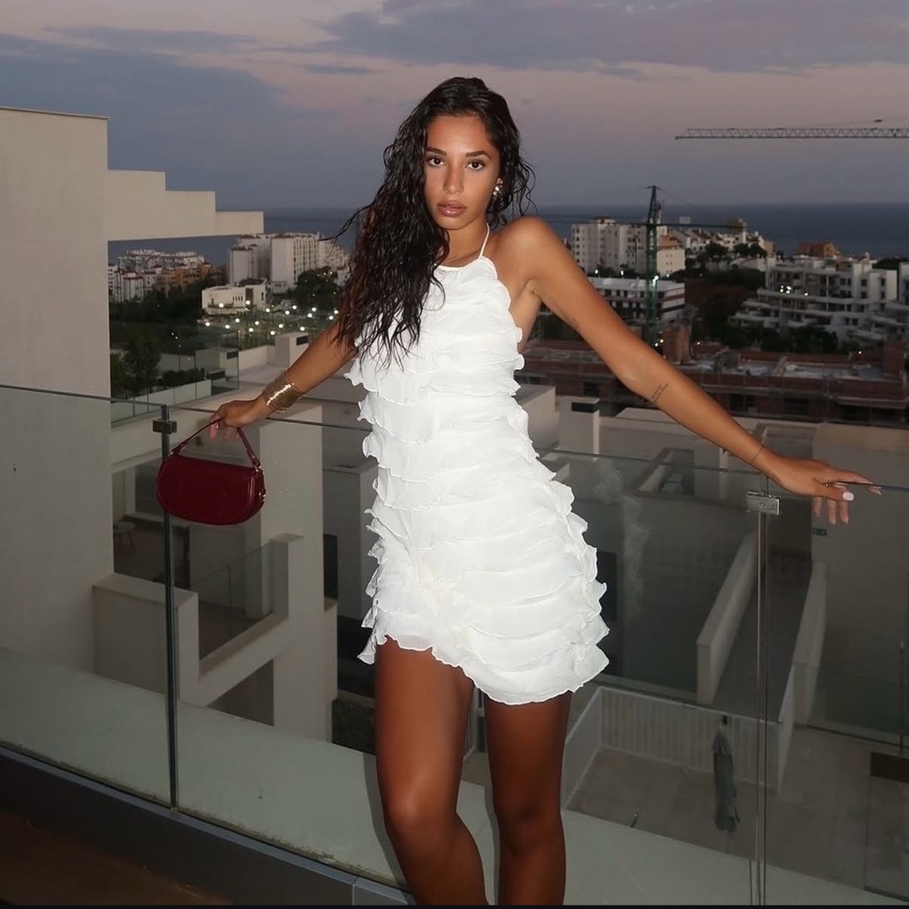 Zara ivory ecru mini dress halter ruffle Bohemian summer vacation evening - Picture 2 of 12